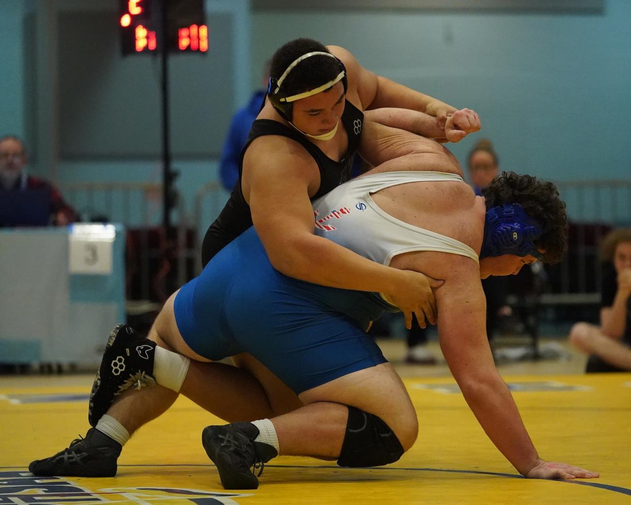 Hen Hud's Mason Deitz wrestles Putnam Valley's Jaden Tesher in the 285-pound championship match at the Section 1, Division II wrestling championships at Westchester County Center on Saturday, Feb. 10, 2024.