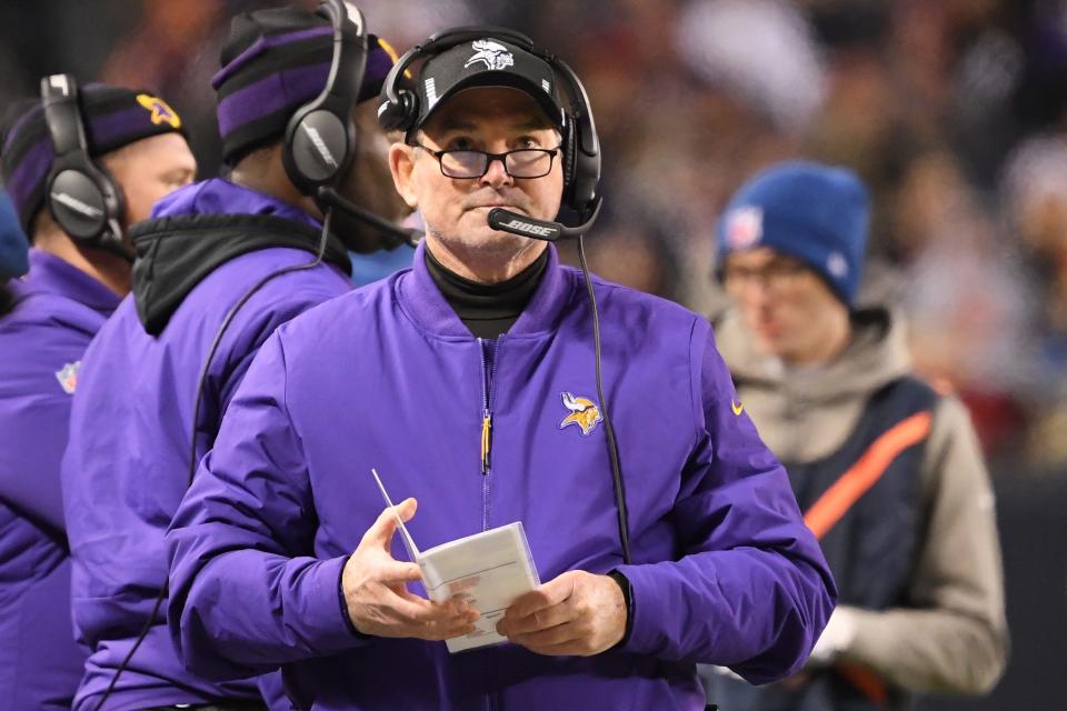 Minnesota Vikings head coach Mike Zimmer looks on in the second quarter against the Chicago Bears at Soldier Field.