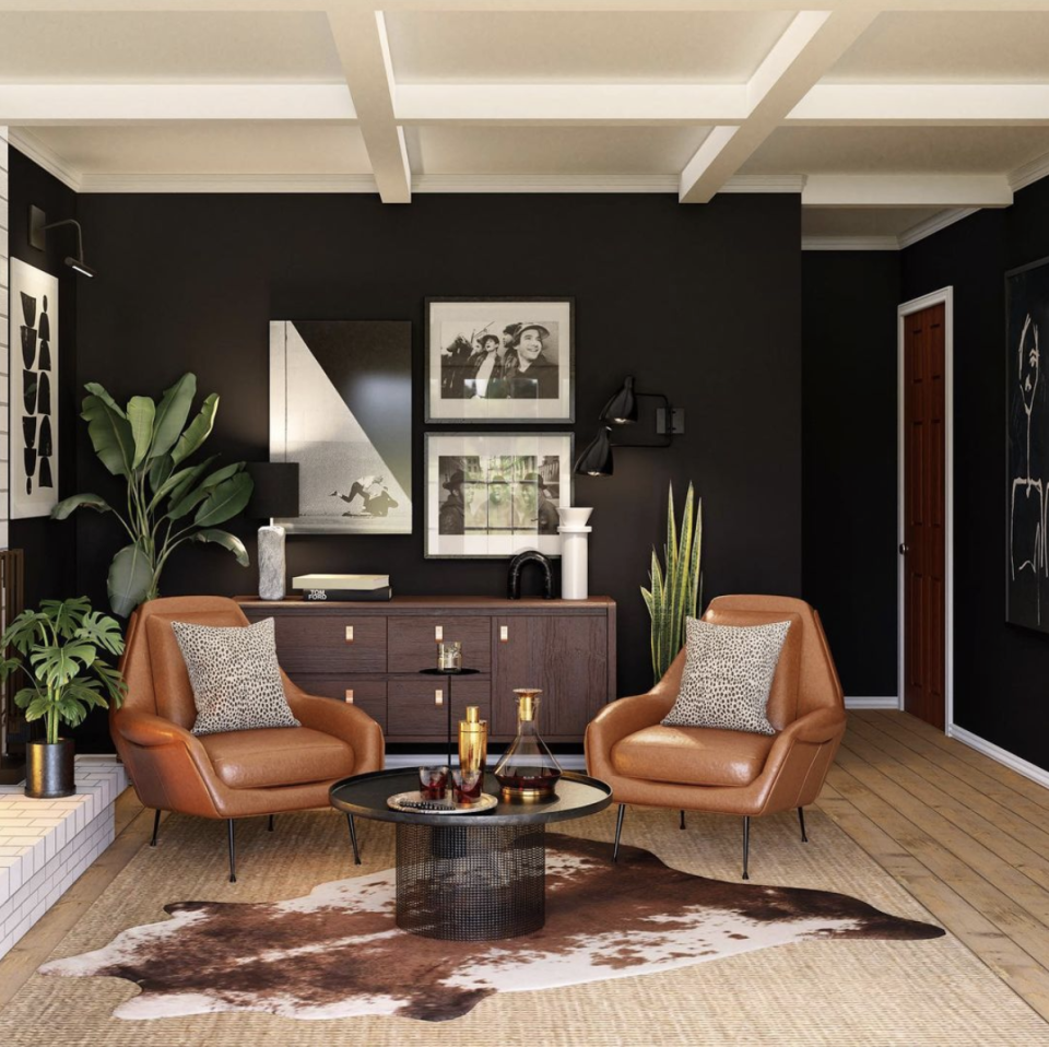 3d rendering of a living space with cowhide, leather, and black accents with plenty of plants