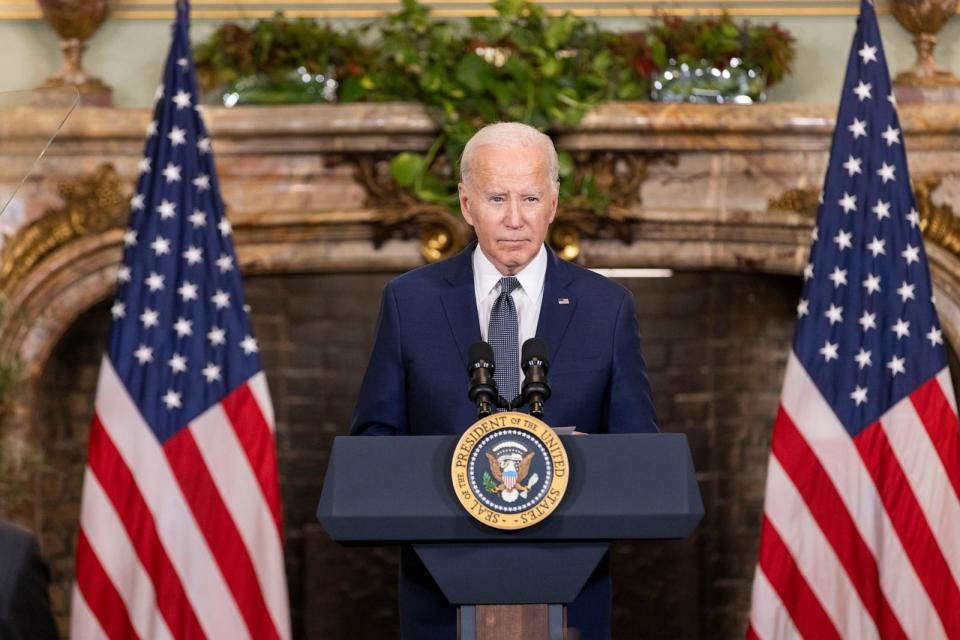 PHOTO: President Joe Biden speaks during a news conference at the Filoli estate in Woodside, Calif., on Nov. 15, 2023.  (Santiago Mejia/San Francisco Chronicle via Polaris)