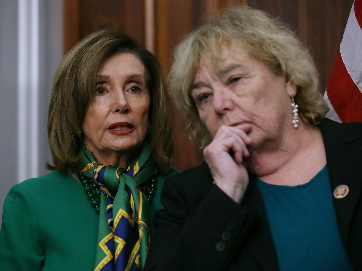 House Speaker Nancy Pelosi speaks with Democratic Rep. Zoe Lofgren, who chairs the House Committee on Administration.