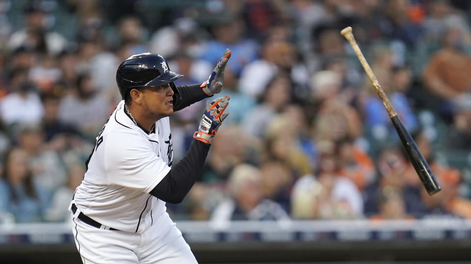 Detroit Tigers' Miguel Cabrera singles against the Tampa Bay Rays in the second inning of a baseball game in Detroit, Friday, Sept. 10, 2021. (AP Photo/Paul Sancya)