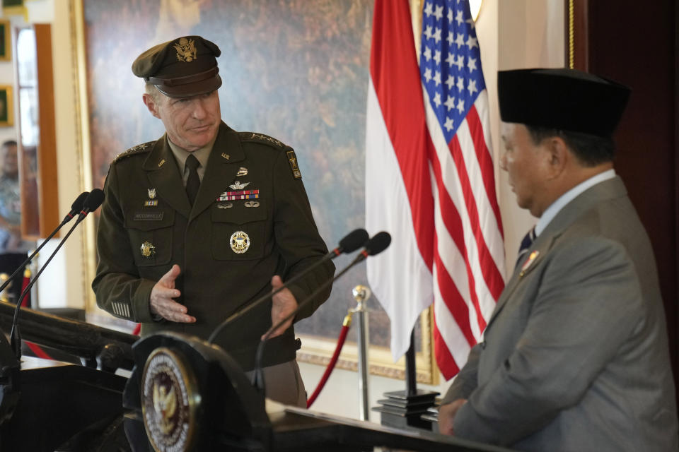 U.S. Army Chief of Staff Gen. James McConville, left, gestures as he speaks during a joint press conference with Indonesian Defense Minister Prabowo Subianto following their meeting in Jakarta, Indonesia, Friday, May 12, 2023. (AP Photo/Dita Alangkara)