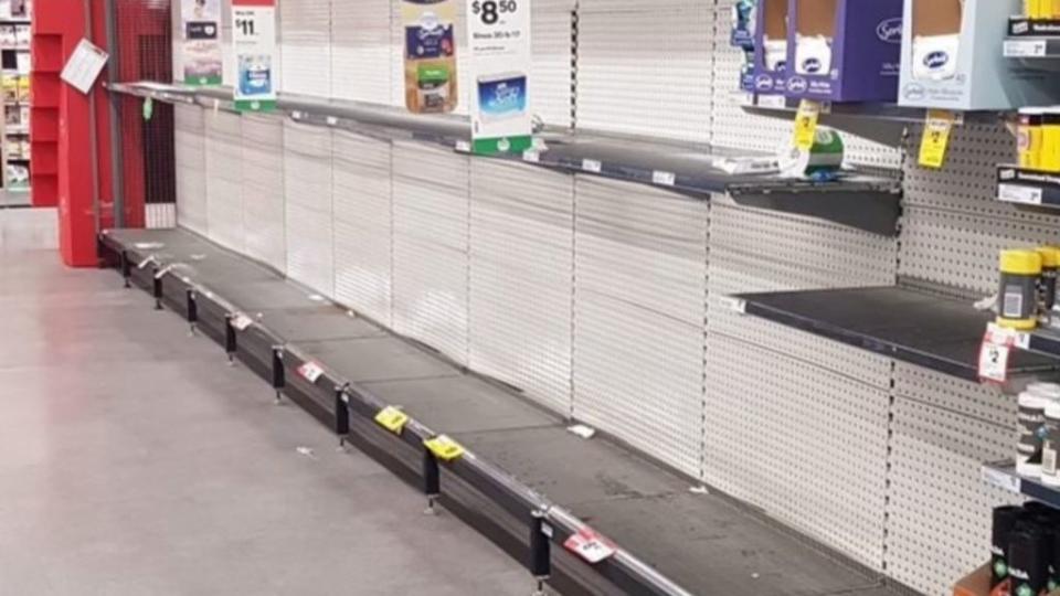 An empty toilet paper shelf seen at Golden Grove Woolworths.