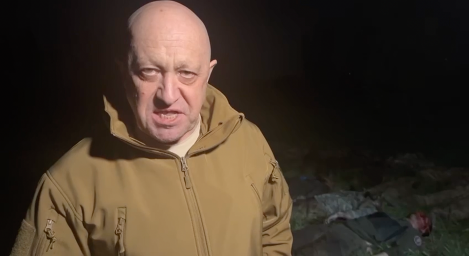 Wagner mercenary group boss Yevgeny Prigozhin speaks in a video filmed in front of dozens of corpses, allegedly of Wagner fighters killed in Bakhmut, Donetsk Oblast, published on May 5, 2023. (Telegram)