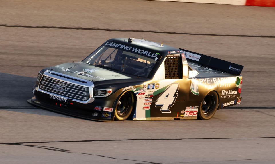 John Hunter Nemechek drives in Turn 1 during the NASCAR Truck Series auto race at Darlington Raceway, Friday, May 7, 2021, in Darlington, S.C. (AP Photo/Terry Renna)