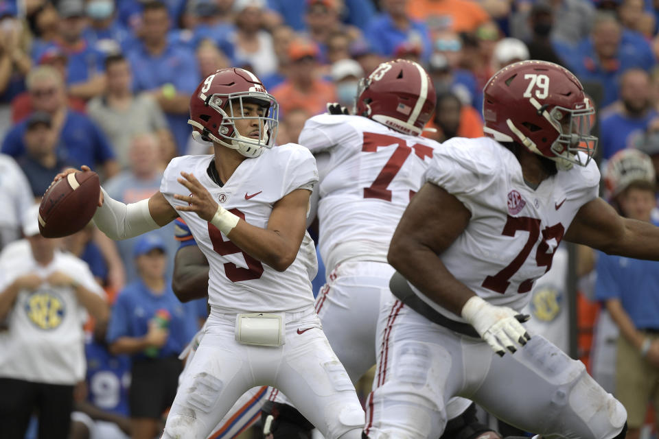 Alabama quarterback Bryce Young (9) is favored to go with the first pick to the Panthers. (AP Photo/Phelan M. Ebenhack)