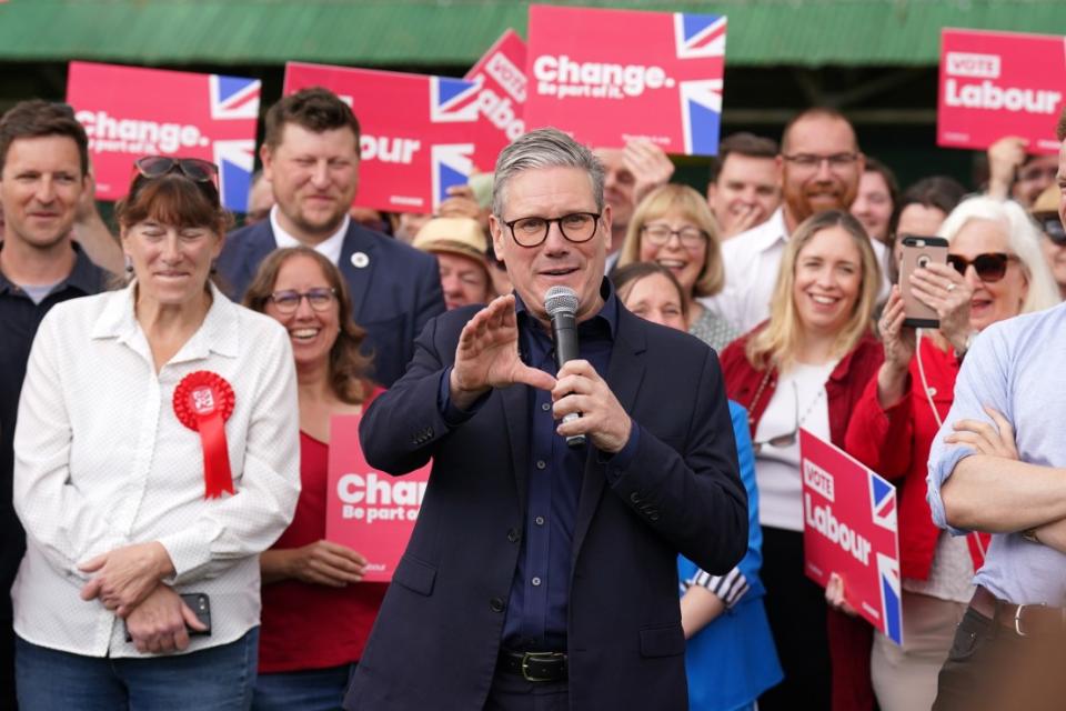 Labour leader Sir Keir Starmer gives a speech during a visit to Hitchin, Hertfordshire, while on the General Election campaign trail. Picture date: Monday July 1, 2024. PA Photo. See PA story POLITICS Election Labour. Photo credit should read: Stefan Rousseau/PA Wire