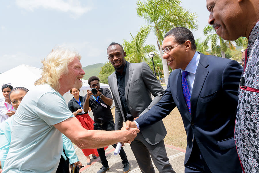 Richard Branson, Jamaican Olympic sprinter Usain Bolt and Jamaican Prime Minister Andrew Holness