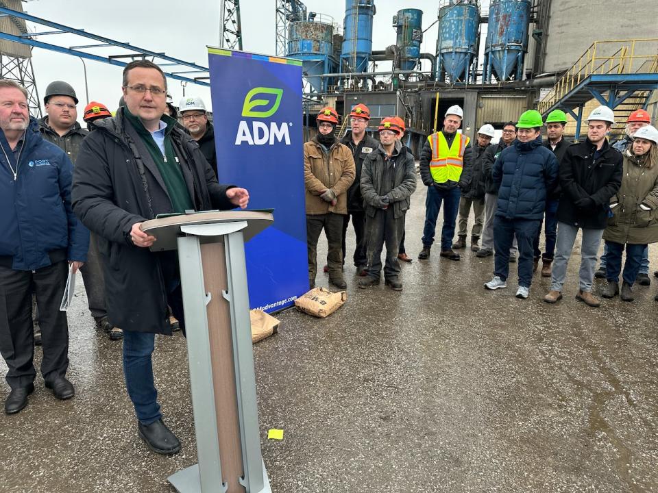 Windsor-Tecumseh MP Irek Kusmiercyzk announces $26.3 million in federal funding for several projects at ADM Agri-Industries in Windsor. (Dale Molnar/CBC - image credit)