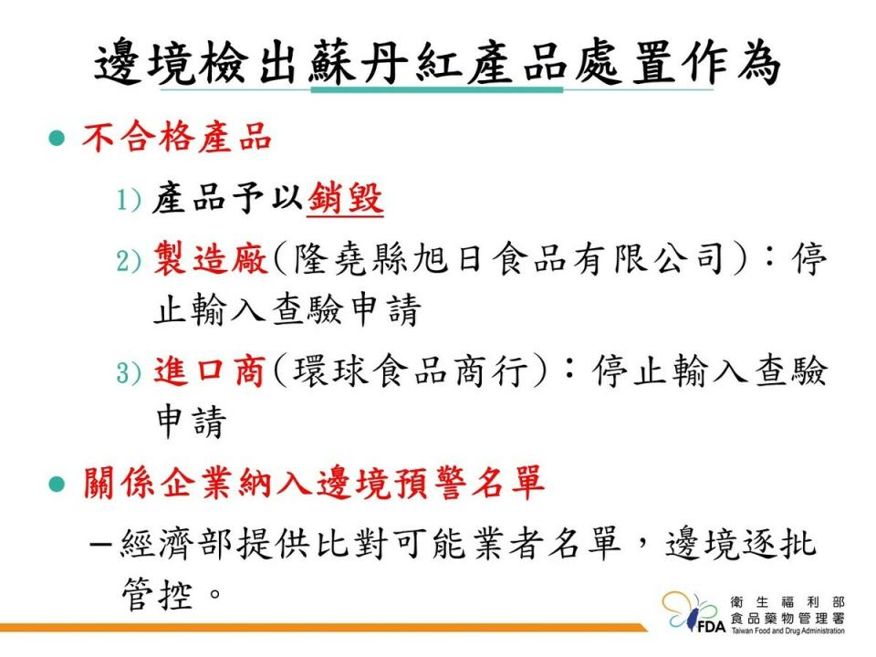 邊境檢出蘇丹紅產品處置作為。   圖：食藥署／提供