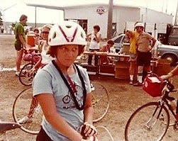 Rachel Kaul wearing a Bell helmet on her first RAGBRAI in 1979.