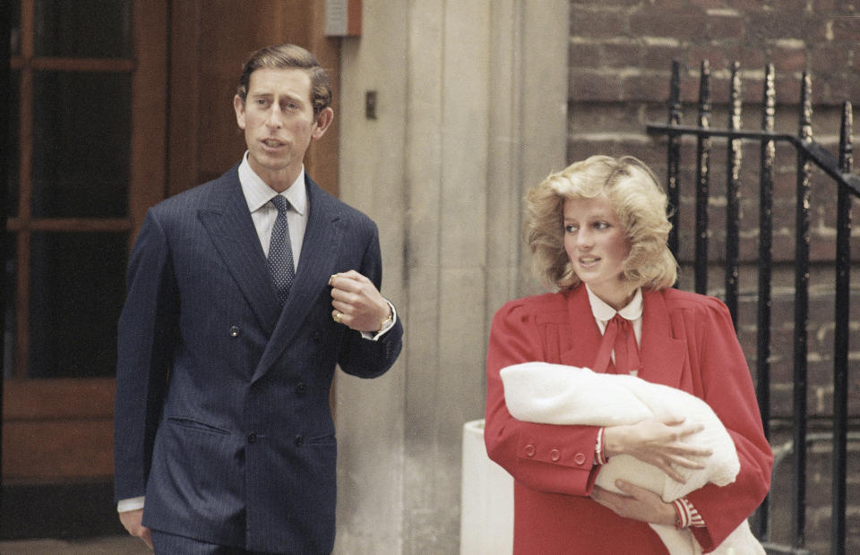 FILE - Then-Prince and Princess of Wales, Prince Charles and Princess Diana, leave St. Mary's Hospital with their new baby, Prince Harry, who was born on Sept. 15, in Paddington, London, Sept. 16, 1984. Prince Harry alleged Thursday, March 21, 2024, that the publisher of The Sun tabloid unlawfully intercepted phone calls of his late mother, Princess Diana, and father, now King Charles III, as he sought to expand his privacy invasion lawsuit against News Group Newspapers. (AP Photo, File)