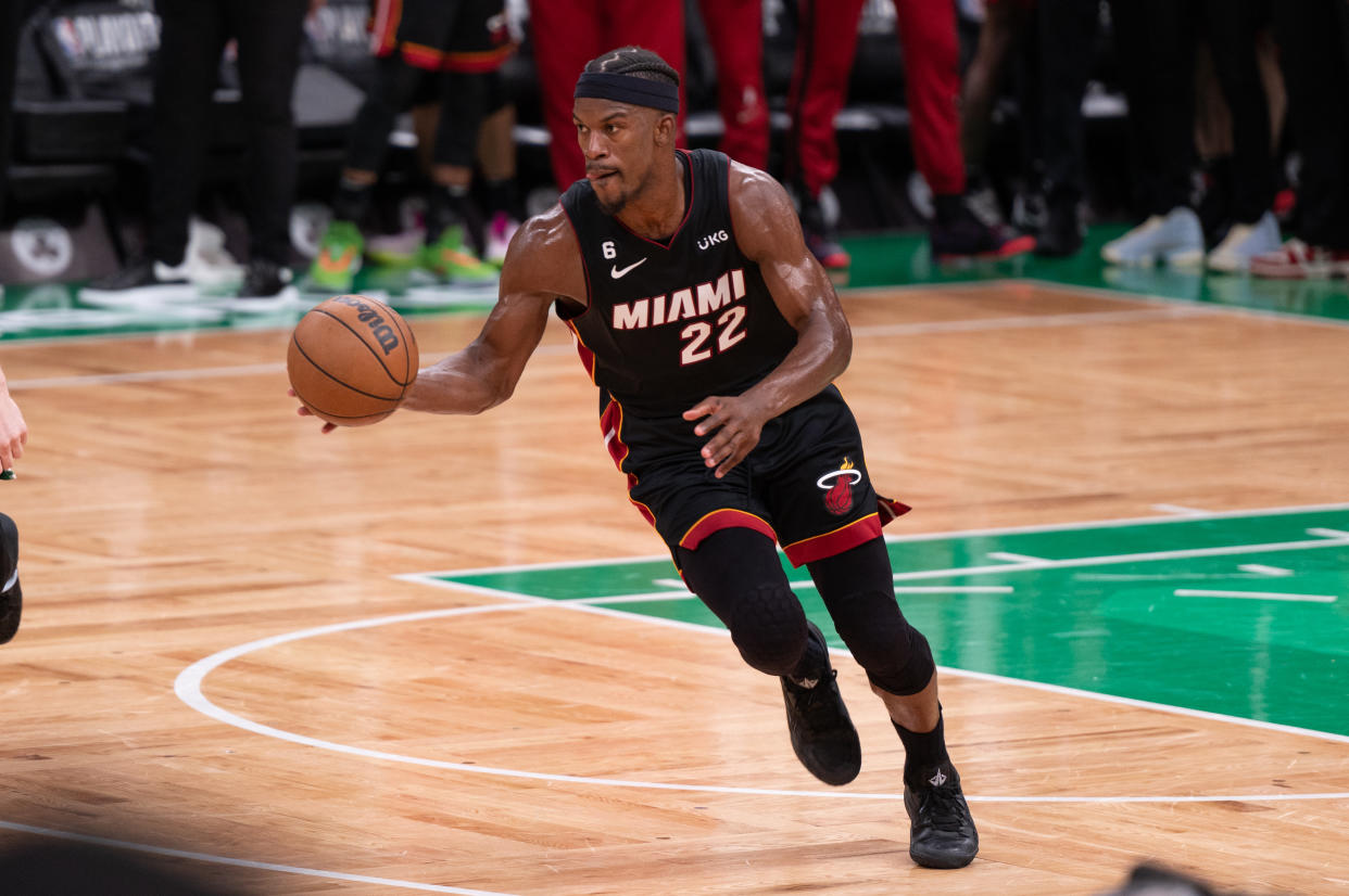 Jimmy Butler and the Miami Heat play Game 1 of the NBA Finals on Thursday night in Denver. (Photo by Stephen Nadler/PxImages/Icon Sportswire via Getty Images)