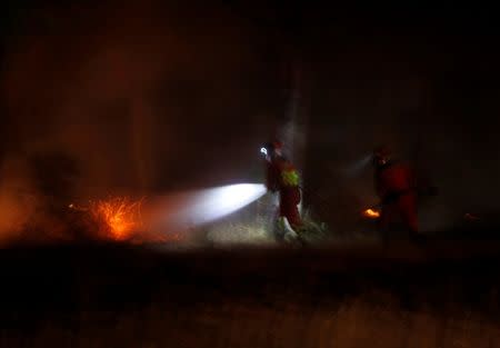 Firefighters work to extinguish flames during a forest fire near Donana National Park, in Mazagon, southern Spain June 26, 2017. REUTERS/Jon Nazca