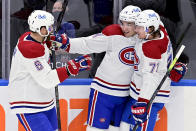 Montreal Canadiens defenseman Shea Weber (6) celebrates a goal with teammates Nick Suzuki (14) and Tyler Toffoli (73) during the first period of an NHL hockey game against the Toronto Maple Leafs Wednesday, Jan. 13, 2021 in Toronto. (Frank Gunn/The Canadian Press via AP)