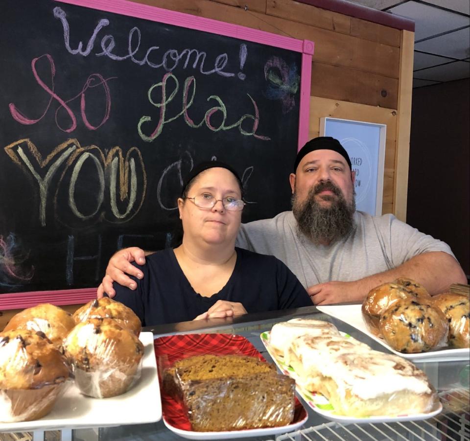 Jen and Bill Brady have both sweet and savory covered at Jen's Delightful Sweets at 446 Main Street in Springvale, Maine. They're seen here behind the front counter at their shop on Monday, Sept. 19, 2022.