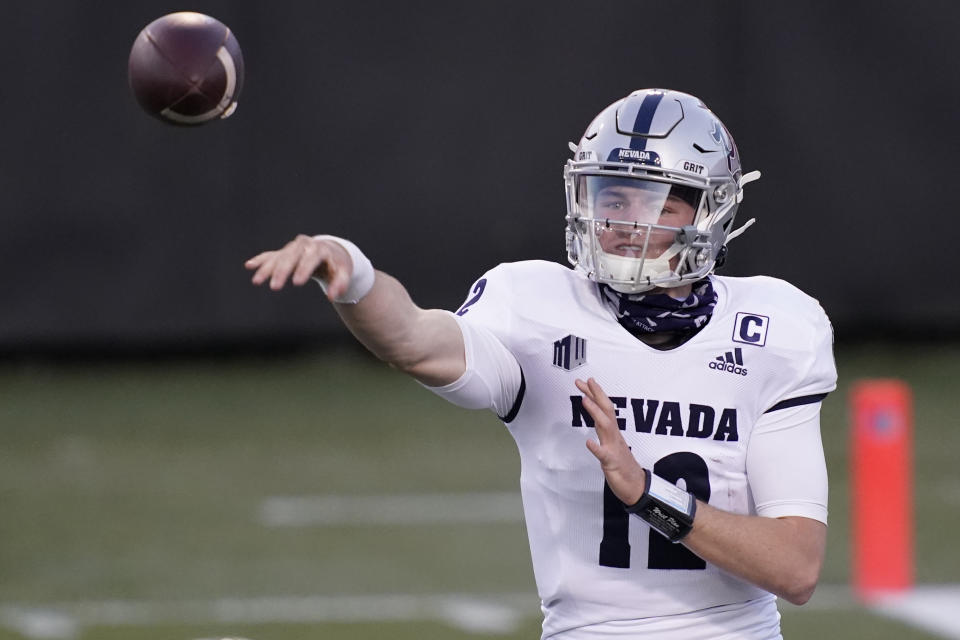 Nevada quarterback Carson Strong was named Mountain West Player of the Year in 2020. (AP Photo/John Locher)