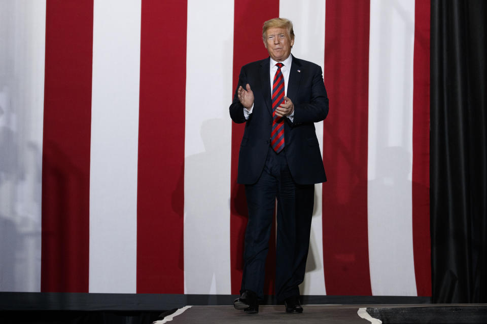 President Donald Trump arrives to speak during a campaign rally, Friday, Sept. 21, 2018, in Springfield, Mo. (AP Photo/Evan Vucci)