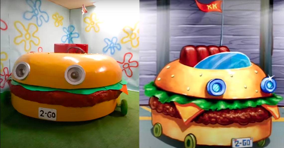 An image of the Patty Wagon made by Chay Denne, next to an image of the vehicle from the animated “SpongeBob SquarePants Movie.” screenshot