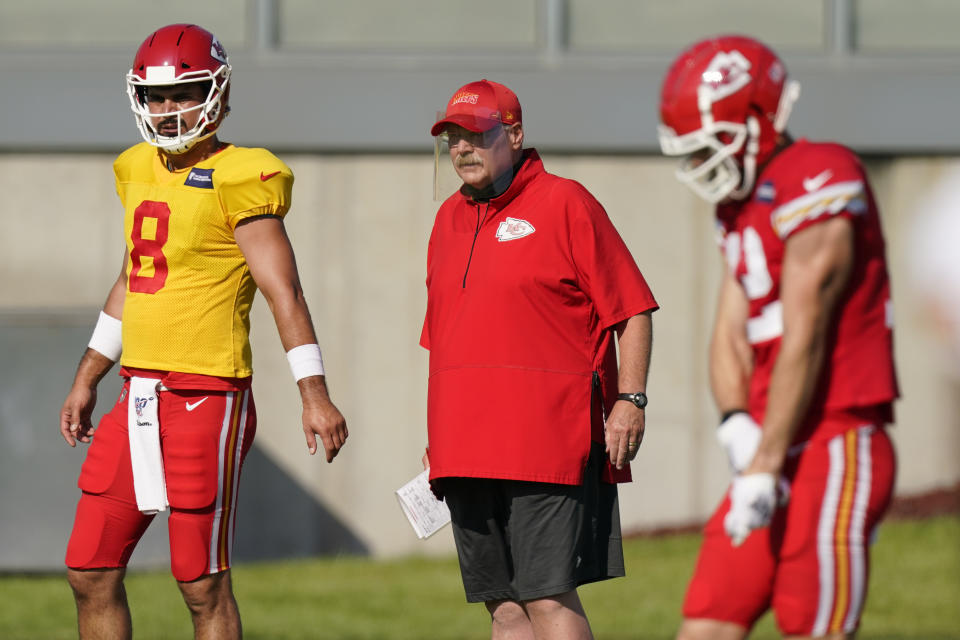 Kansas City Chiefs head coach Andy Reid watches a drill during an NFL football training camp Saturday, Aug. 15, 2020, in Kansas City, Mo. (AP Photo/Charlie Riedel)