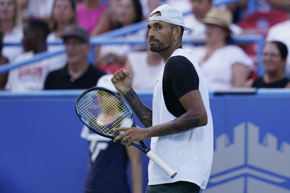 Nick Kyrgios, of Australia, reacts during a match against Marcos Giron, of the United States, at the Citi Open tennis tournament in Washington, Tuesday, Aug. 2, 2022. (AP Photo/Carolyn Kaster)
