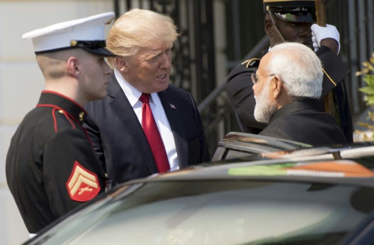 US President Donald Trump (C) and Indian Prime Minister Narendra Modi (R), shown at the White House, are seeking to solidify the relationship between their countries