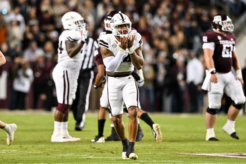 Nov 11, 2023; College Station, Texas, USA; Mississippi State Bulldogs linebacker Nathaniel Watson (14) reacts during the first half against the Texas A&M Aggies at Kyle Field. Mandatory Credit: Maria Lysaker-USA TODAY Sports