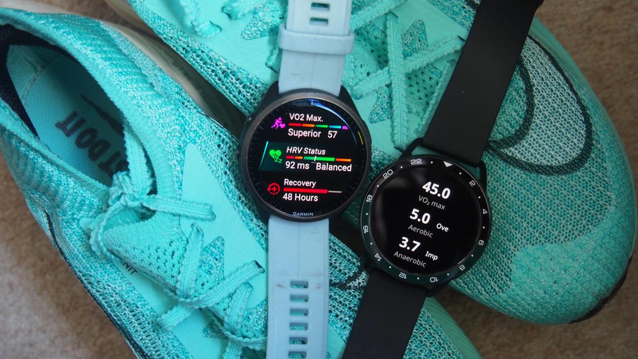  Garmin smartwatches with VO2 Max readings on a pair on trainers . 