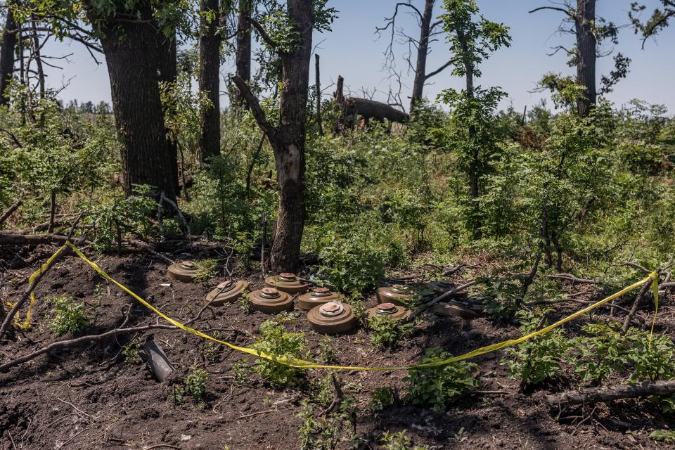 Anti-tank mines at a Russian position taken under control by the Ukrainian army in the direction of Velyka Novosilka, 13 July 2023.