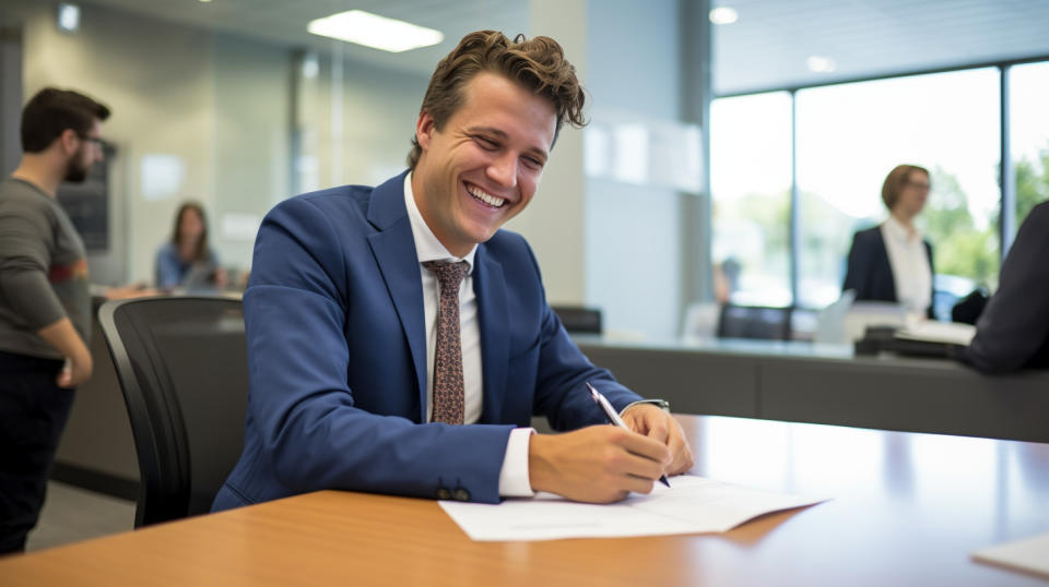 A customer smiling as he signs a consumer loan agreement in a regional bank branch.