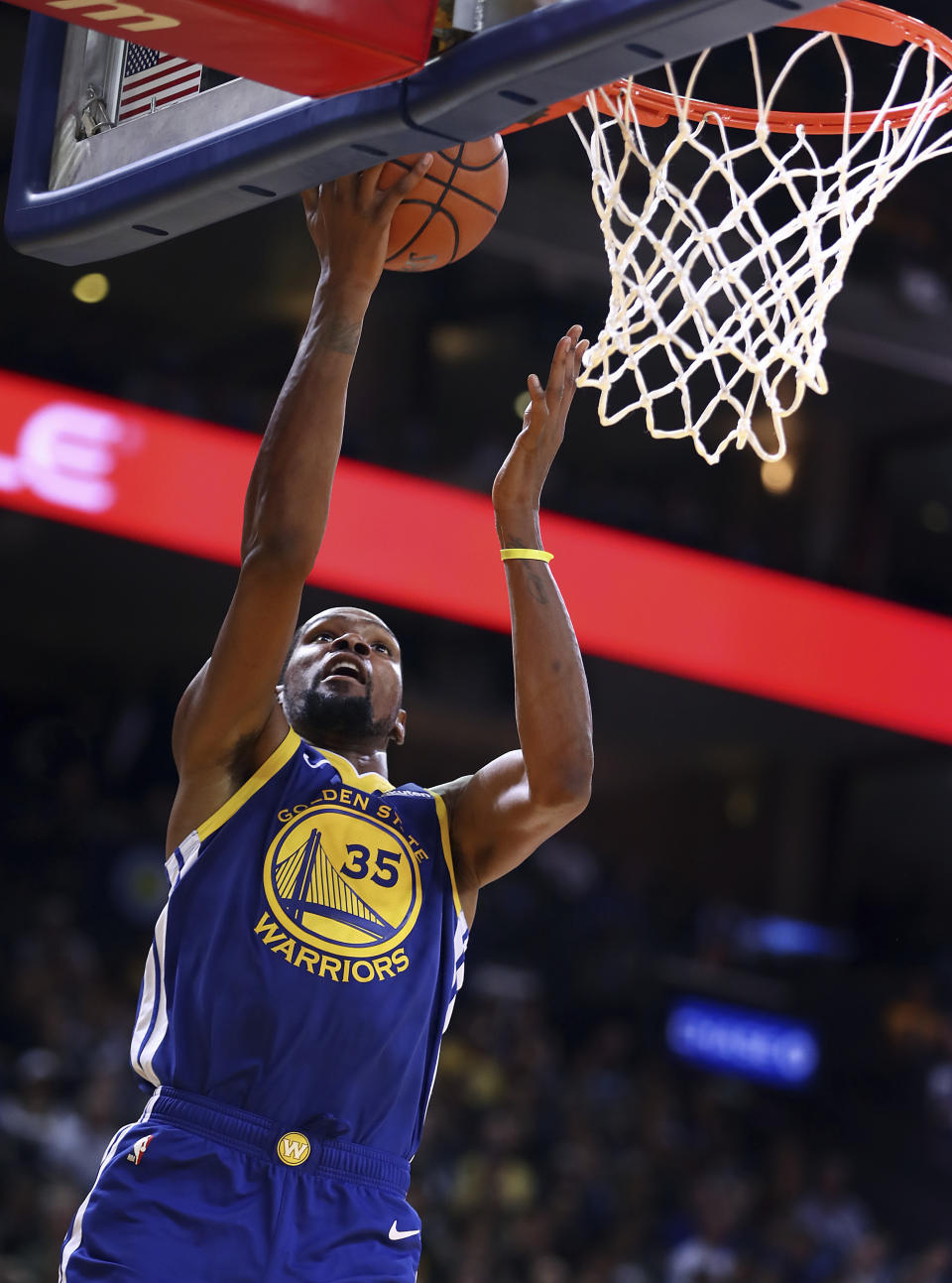 Golden State Warriors' Kevin Durant lays up a shot against the Minnesota Timberwolves during the second half of an NBA basketball game Friday, Nov. 2, 2018, in Oakland, Calif. (AP Photo/Ben Margot)