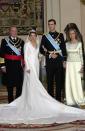 <p><strong>When: </strong>May 22, 2004 </p><p><strong>Where: </strong>The Cathedral Santa María la Real de la Almudena in Madrid</p><p><strong>Cost: </strong>£6 million</p><p><strong>Designer: </strong>Royal couturier Manuel Pertegaz</p><p><strong>Most royal detail: </strong>The real gold thread embroidery woven into the silk.</p>