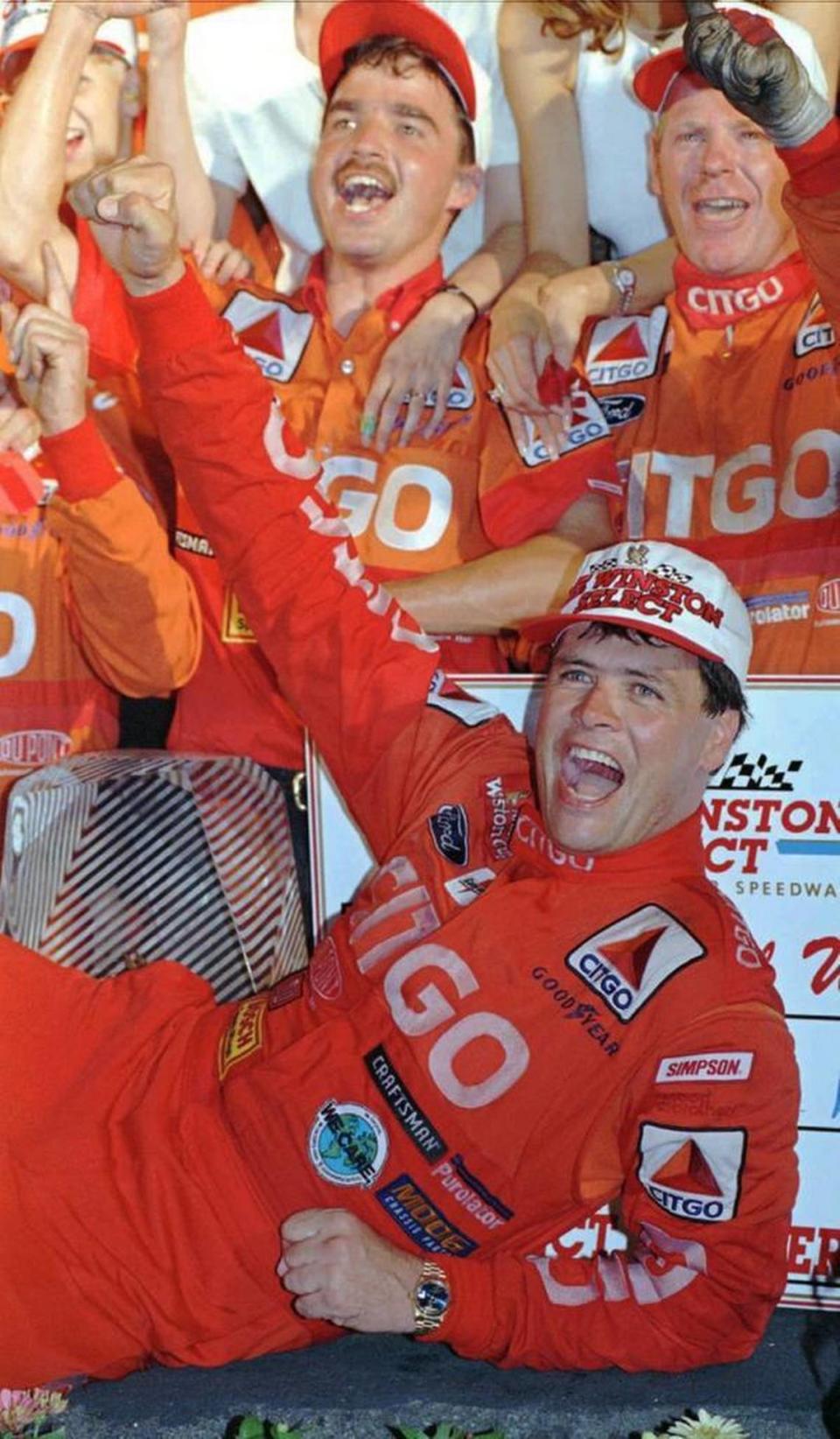Michael Waltrip celebrates in Victory Lane at Charlotte Motor Speedway after winning the Winston Select all-star race on May 18, 1996.
