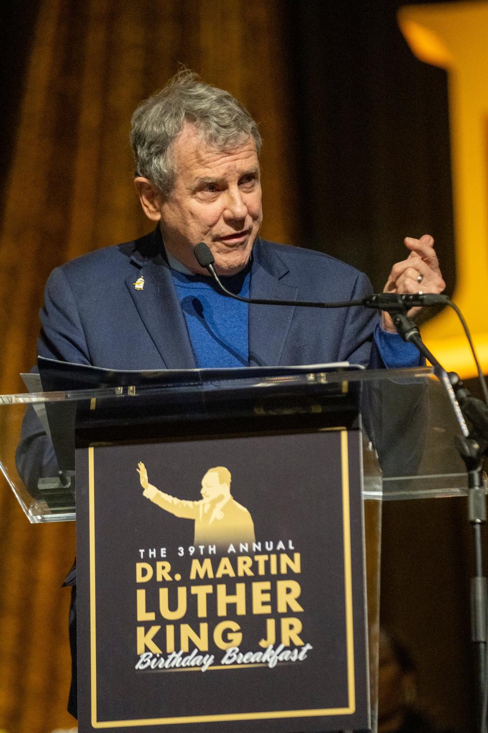 Jan 15, 2024; Columbus, Ohio, United States; US Senator Sherrod Brown speaks during the Martin Luther King Jr. Birthday Breakfast at the Greater Columbus Convention Center.