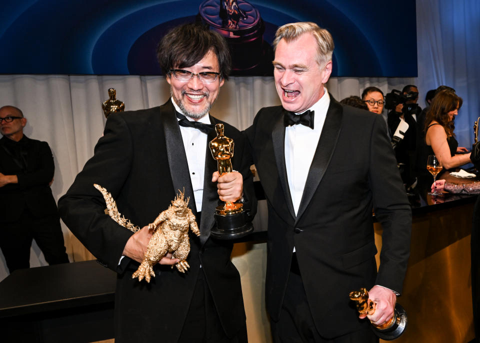 Takashi Yamazaki and Christopher Nolan at the 96th Annual Oscars Governors Ball held at Dolby Theatre on March 10, 2024 in Los Angeles, California. (Photo by Michael Buckner/Variety via Getty Images)