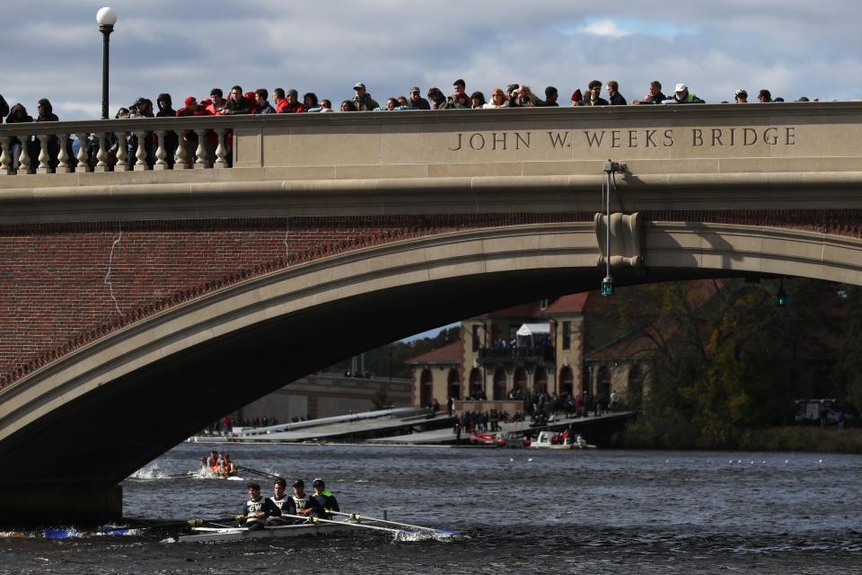 BOSTON, MA - OCTOBER 21: The George Washington University Men's Championship Fours team races under the John W Weeks bridge during the 54th Head of the Charles Regatta on October 21, 2018 in Boston, Massachusetts.(Photo by Maddie Meyer/Getty Images)
