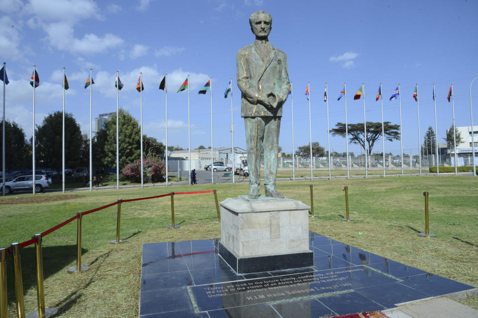 A statue of Ethiopia's last Emperor, Haile Selassie, after its unveiling at the African Union in Addis Ababa, Sunday, Feb. 10, 2019. The statue is the second to be erected inside the continental body's offices in Ethiopia's capital Addis Ababa, after one of Ghana's first leader, Kwame Nkrumah, who championed pan-Africanism. (AP Photo/Samuel Habtab)