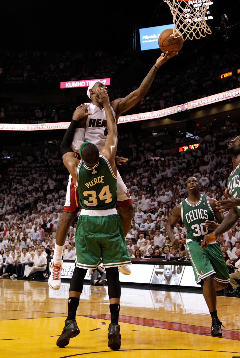 MIAMI, FL - JUNE 09: LeBron James #6 of the Miami Heat goes up for a shot over Paul Pierce #34 of the Boston Celtics in the third quarter in Game Seven of the Eastern Conference Finals in the 2012 NBA Playoffs on June 9, 2012 at American Airlines Arena in Miami, Florida. (Photo by Mike Ehrmann/Getty Images)