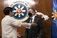 Secretary of State Antony Blinken, right, meets with Philippine President Ferdinand Marcos Jr. at the Malacanang Palace in Manila, Philippines, Saturday, Aug. 6, 2022. Blinken is on a ten day trip to Cambodia, Philippines, South Africa, Congo, and Rwanda. (AP Photo/Andrew Harnik, Pool)