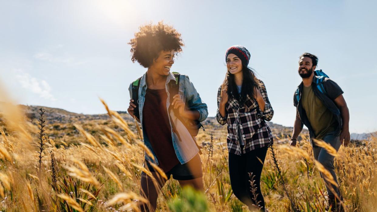  A group of three friends hiking together in the country. 