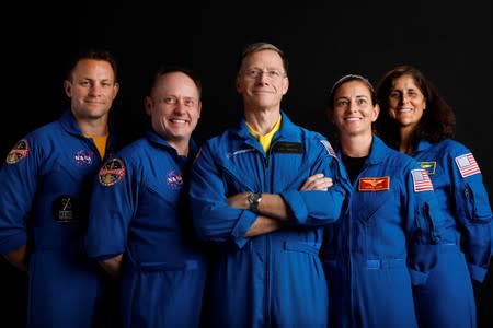 Boeing astronaut Chris Ferguson poses for a picture with NASA commercial crew astronauts Sunita Williams and Josh Cassadaat and his Star Liner crew astronauts Nicole Mann and Mike Fincke at the Johnson Space Center in Houston