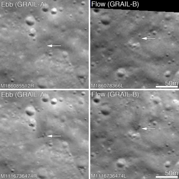 The twin GRAIL spacecraft impacted the Moon on 17 December 2012, LROC was able to image the impact craters on 28 February 2013 showing them both to be about 5 meters in diameter. Upper panels show the area before the impact; lower panels after
