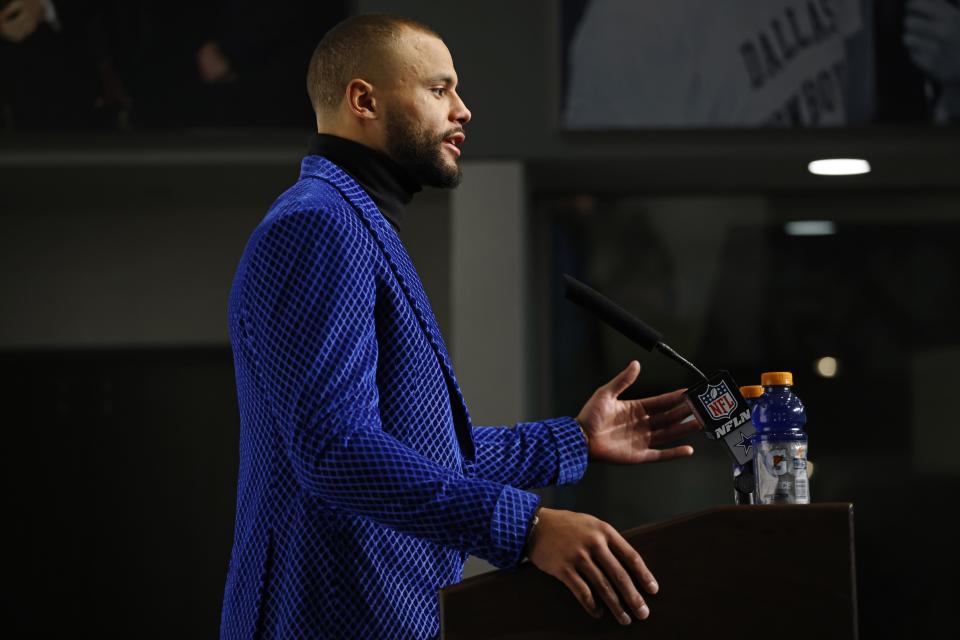 Dallas Cowboys quarterback Dak Prescott speaks during a news conference following an NFL wild-card playoff football game against the San Francisco 49ers in Arlington, Texas, Sunday, Jan. 16, 2022. (AP Photo/Ron Jenkins)