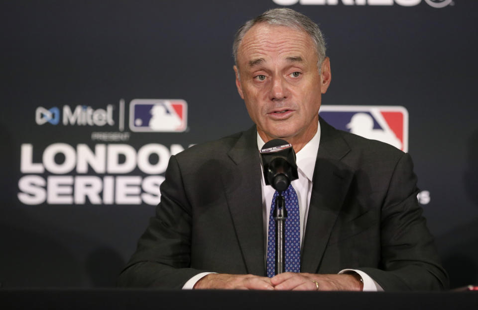 Major League Baseball commissioner Rob Manfred speaks during a news conference before a baseball game between the Boston Red Sox and the New York Yankees, Saturday, June 29, 2019, in London. Major League Baseball makes its European debut game today at London Stadium. (AP Photo/Tim Ireland)