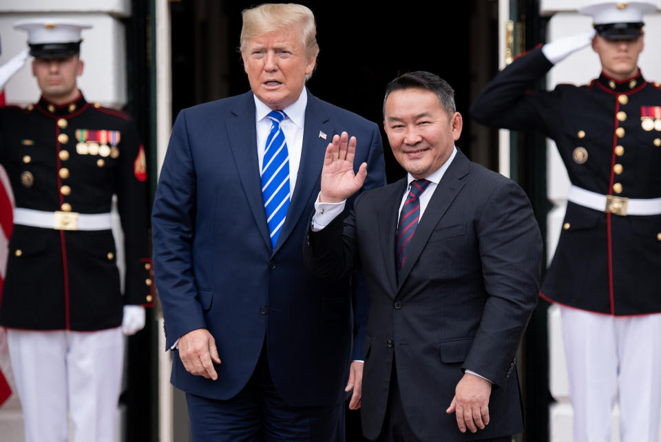 President Donald Trump welcomes Mongolian President Khaltmaagiin Battulga to the White House shortly before Donald Trump Jr.'s hunting trip to Mongolia. (Photo: SAUL LOEB via Getty Images)