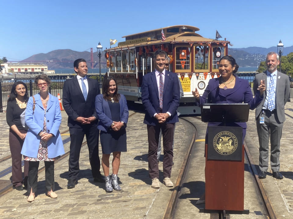 Mayor London Breed talks about the return of cable cars during a news conference at the Hyde Street cable car turnaround in San Francisco, Tuesday, June 15, 2021. The mayor announced that the famed cable cars would be running again in August. (AP Photo/Olga Rodriguez)