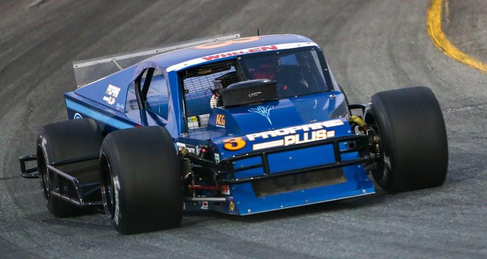 Jake Johnson, driver of the No. 3 Propane Plus/Lin‘s Propane Trucks Modified, during the New Smyrna Beach Area Visitors Bureau 200 for the NASCAR Whelen Modified Tour at New Smyrna Speedway on Feb. 10, 2024. (Adam Fenwick/NASCAR)