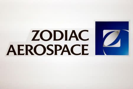 The logo of French aircraft seats and equipment manufacturer Zodiac Aerospace is seen during the company's first half of the 2015/2016 fiscal year presentation in Paris, France, April 20, 2016. REUTERS/Benoit Tessier