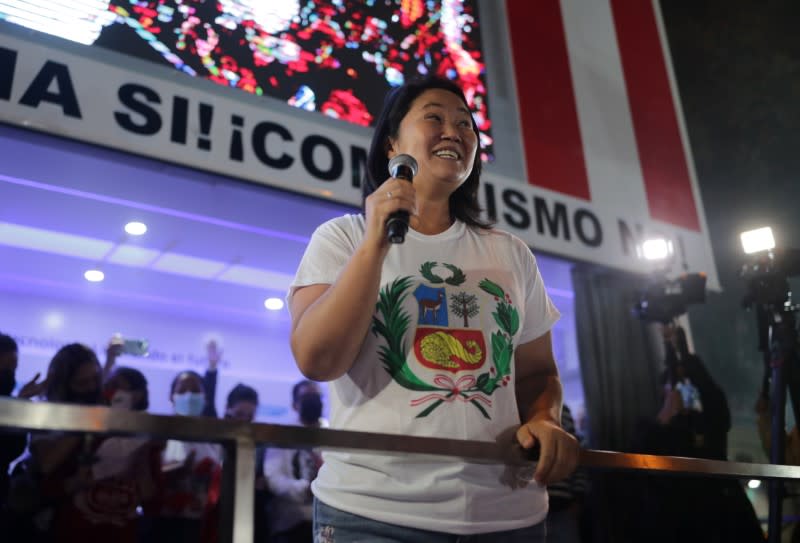 Peru's presidential candidate Keiko Fujimori addresses supporters in Lima